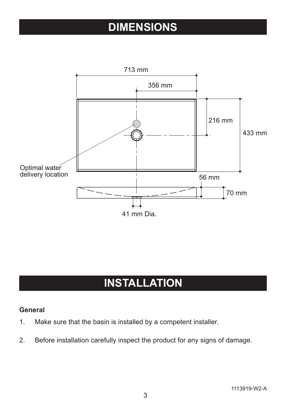 Installation dimensions | Premium Home Creations Antilia Wading Pool Glass Countertop K-2369 User Manual | Page 3 / 8