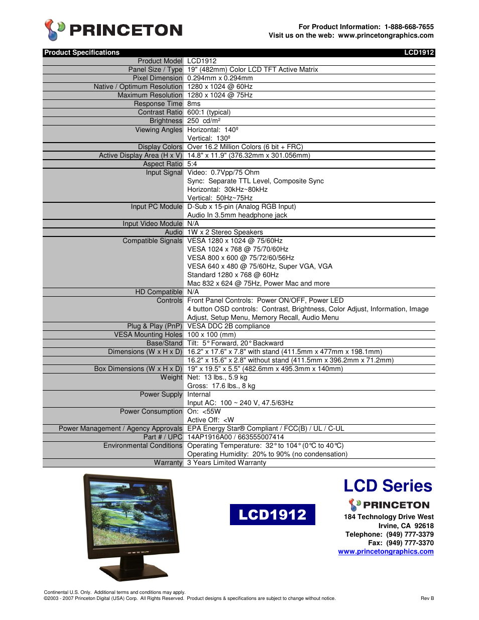 Princeton LCD 1912 User Manual | 1 page