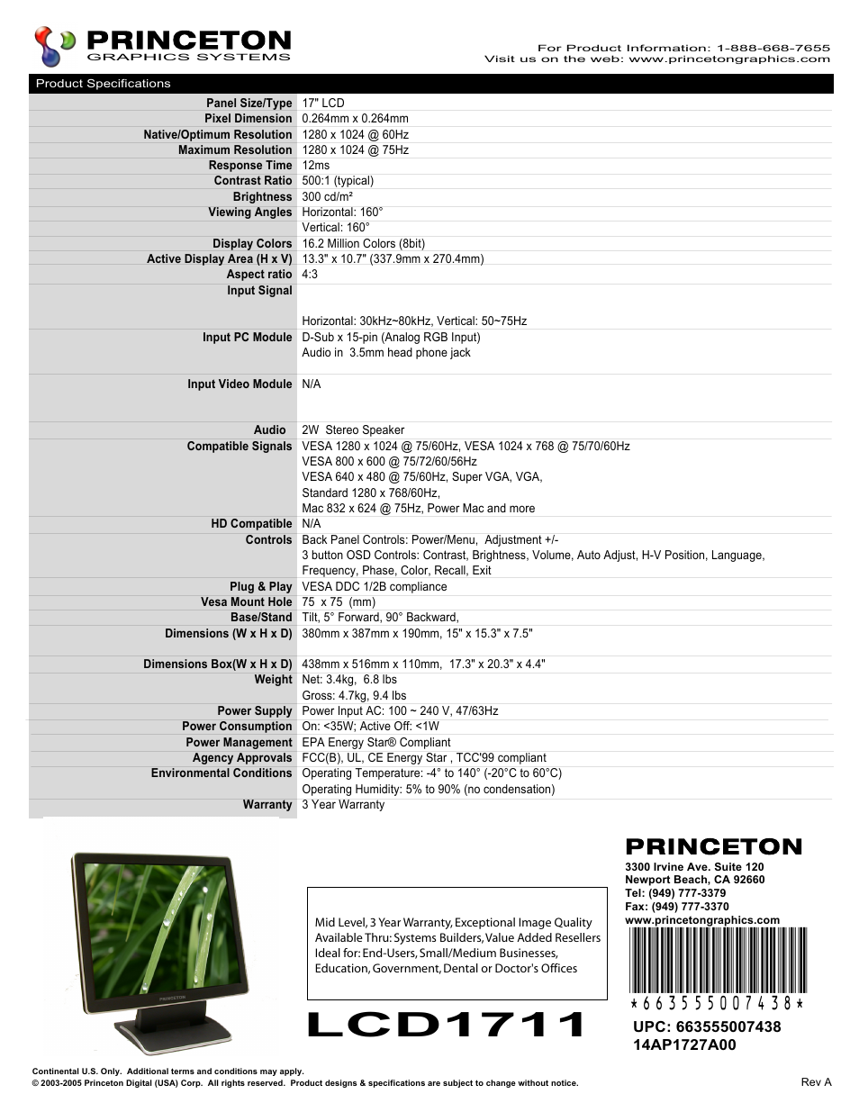 Princeton LCD Monitor LCD1711 User Manual | 1 page