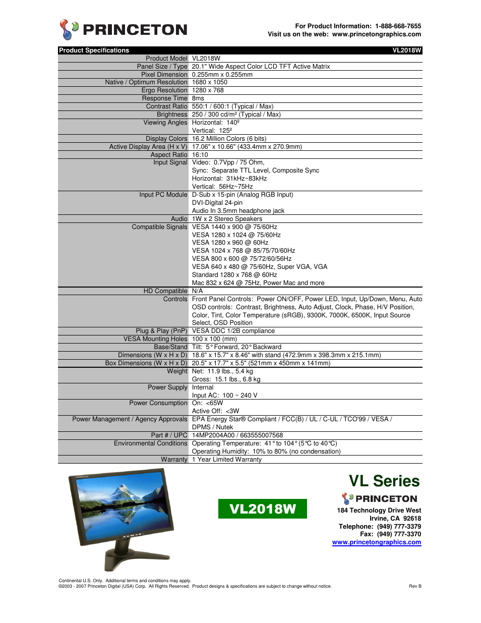 Princeton VL2018W User Manual | 1 page