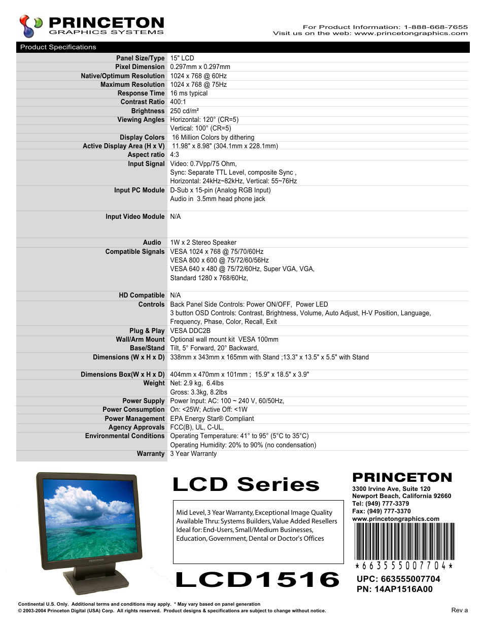 Princeton LCD1516 User Manual | 1 page