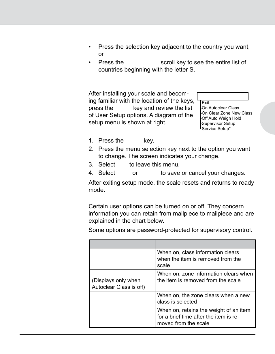 Tailoring setup options, Changing user options, Integra | Model 9k0u scale operator guide, Entering alphabetic information | Pitney Bowes 9K0U User Manual | Page 15 / 52