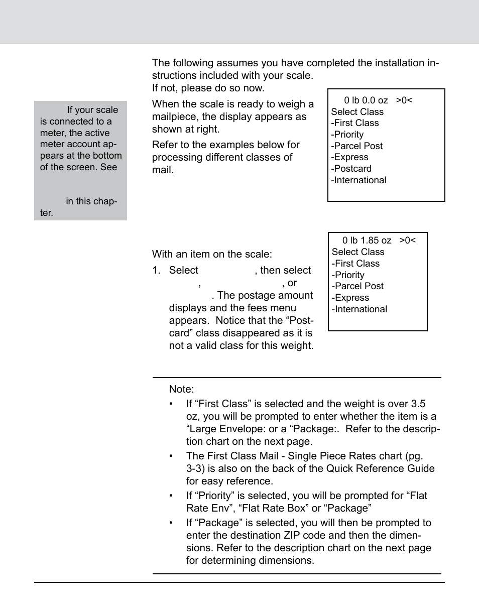 Calculating usps® postage, Examples, First class | Chapter 3: using the integra, Model 9k0u scale, Calculating usps, Postage | Pitney Bowes 9K0U User Manual | Page 20 / 52