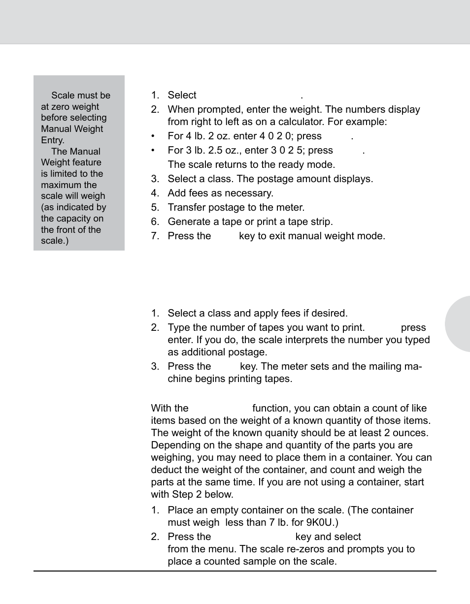 Generating multiple tapes, Using the scale to count like parts, Integra | Model 9k0u scale operator guide | Pitney Bowes 9K0U User Manual | Page 27 / 52