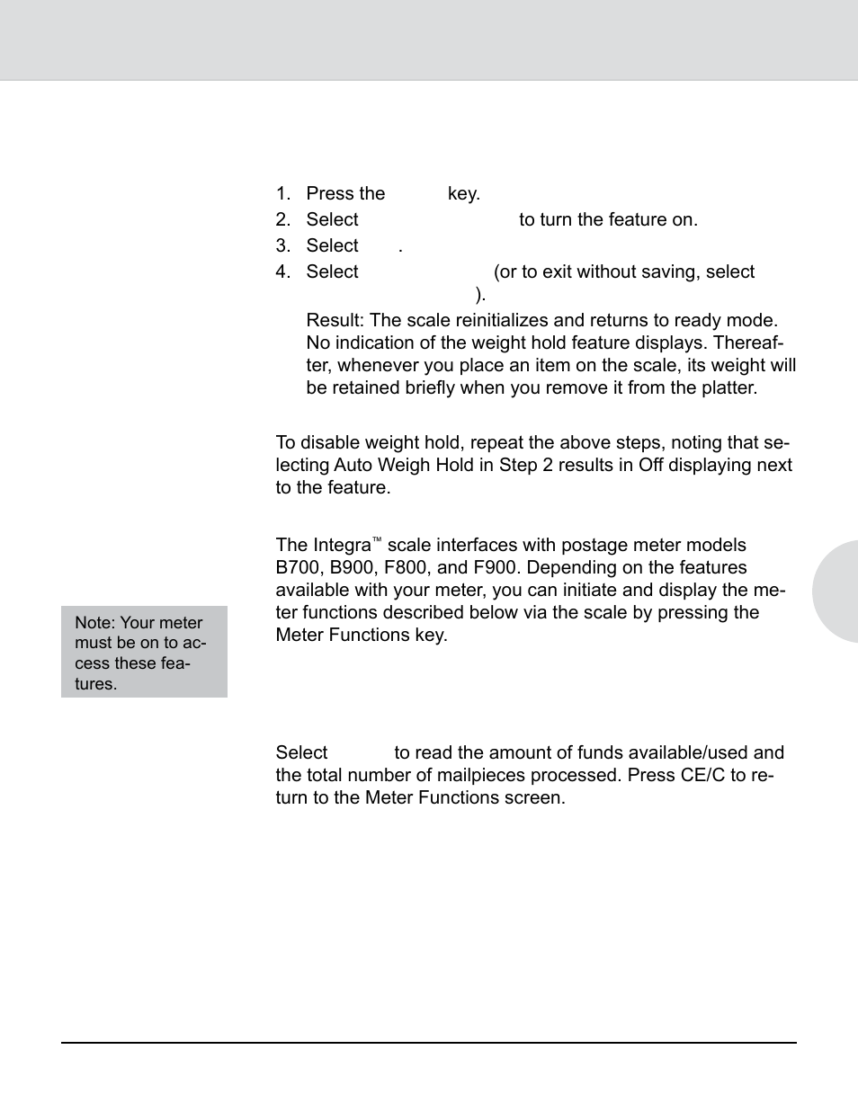 Additional meter features, Funds, Integra | Model 9k0u scale operator guide | Pitney Bowes 9K0U User Manual | Page 31 / 52