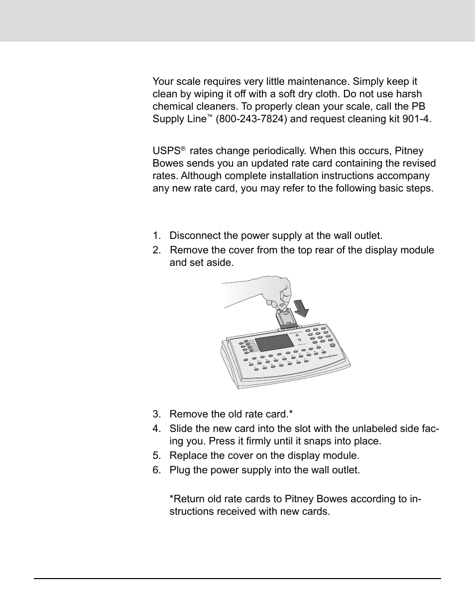 Cleaning, Changing the rate card, Chapter 6: maintaining the integra | Model 9k0u scale, Cleaning changing the rate card | Pitney Bowes 9K0U User Manual | Page 40 / 52