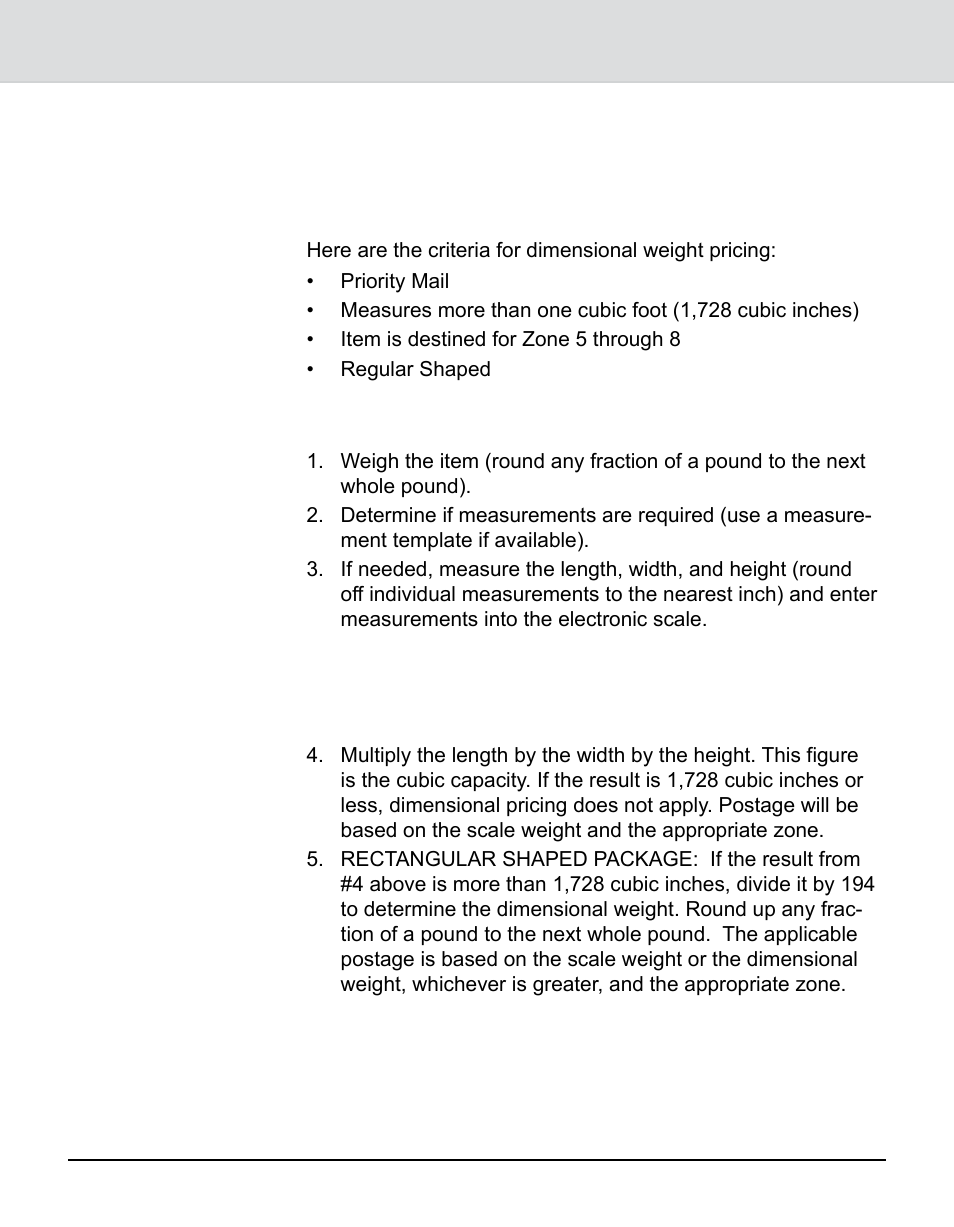 Rectangular shaped, Dimensional weight pricing criteria, Determining dimensional weight pricing | Appendix a: dimensional weight pricing | Pitney Bowes 9K0U User Manual | Page 44 / 52