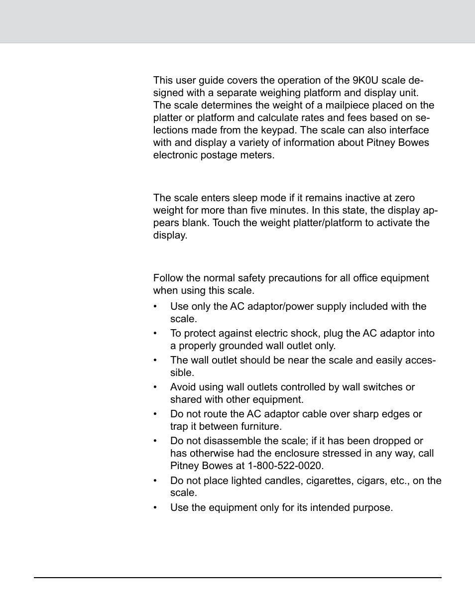 About the integra™ model 9k0u scale, Sleep mode, Safety precautions | Chapter 1: introduction, About the integra, Model 9k0u scale | Pitney Bowes 9K0U User Manual | Page 6 / 52