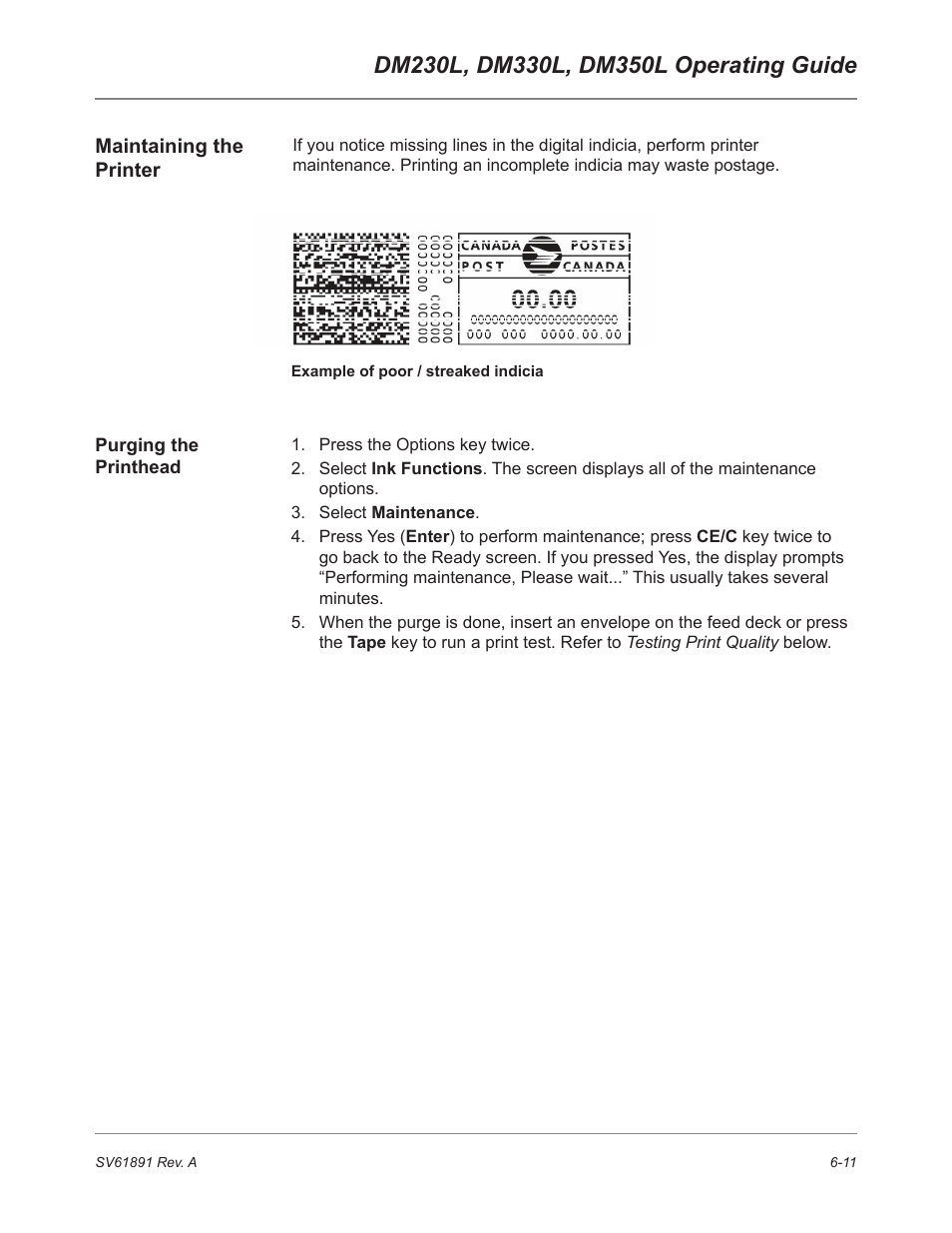 Maintaining the printer, Purging the printhead | Pitney Bowes DM230L User Manual | Page 114 / 158