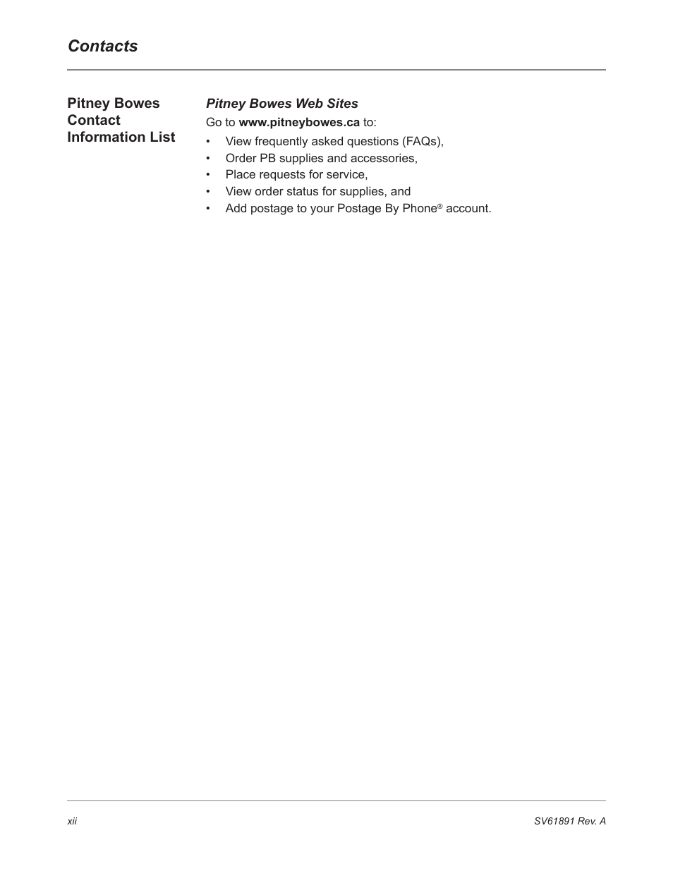 Pitney bowes contact information list, Pitney bowes web sites, Contacts | Pitney Bowes DM230L User Manual | Page 13 / 158
