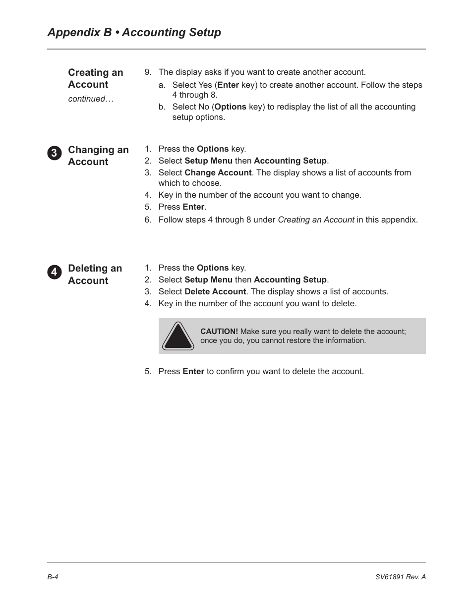 Changing an account, Deleting an account, Appendix b • accounting setup | Pitney Bowes DM230L User Manual | Page 147 / 158