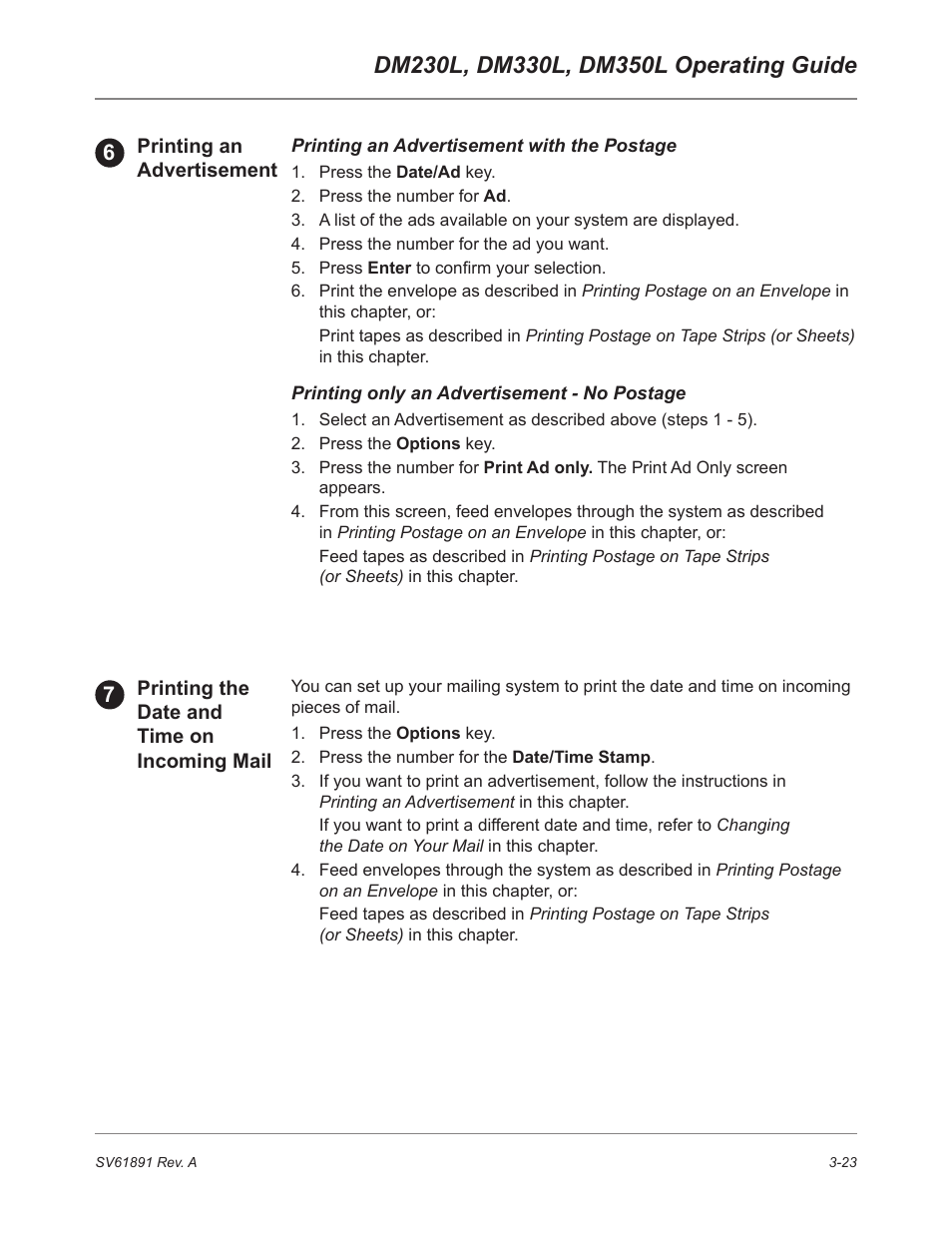 Printing an advertisement, Printing an advertisement with the postage, Printing only an advertisement - no postage | Printing the date and time on incoming mail | Pitney Bowes DM230L User Manual | Page 58 / 158