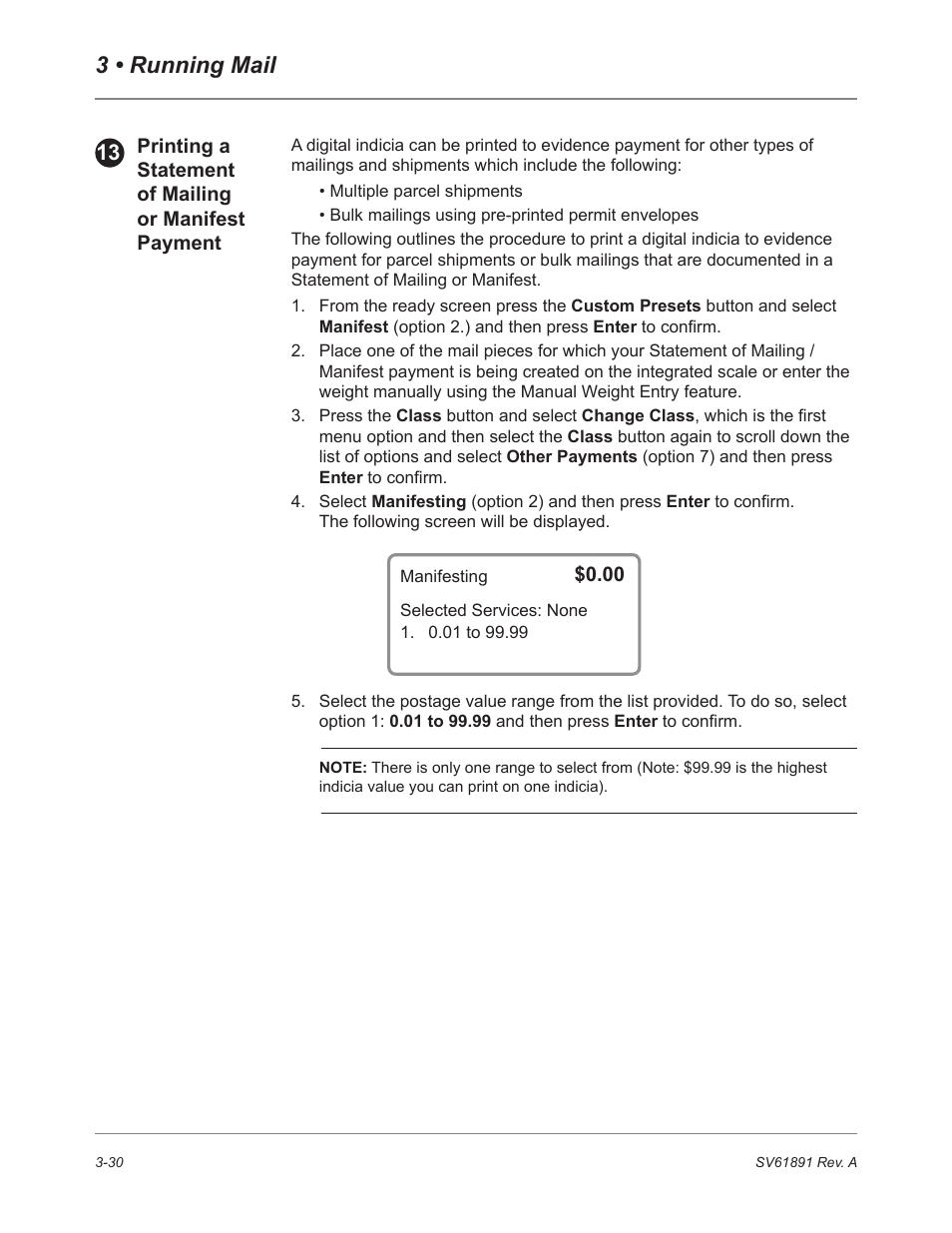Printing a statement of mailing / manifest, 3 • running mail | Pitney Bowes DM230L User Manual | Page 65 / 158