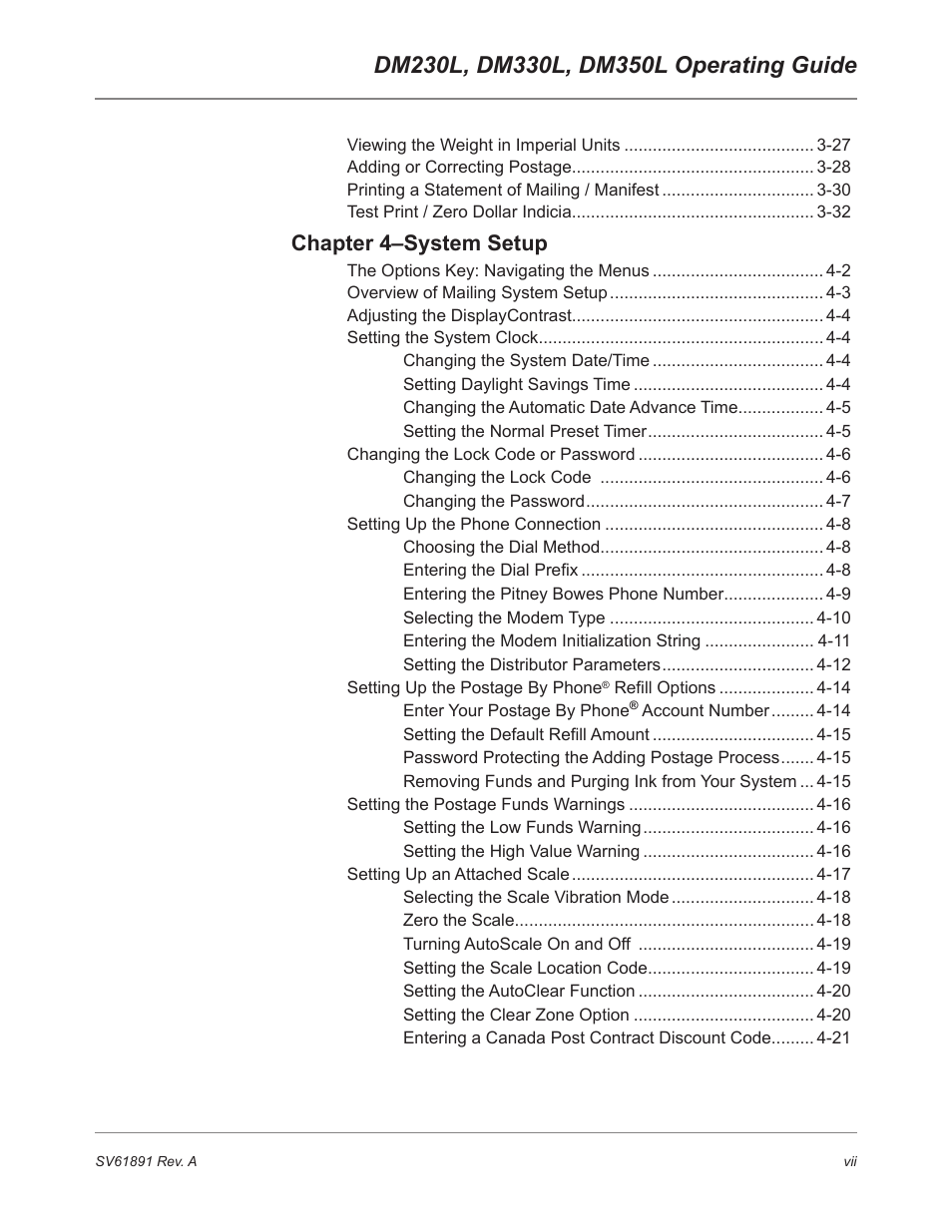 Chapter 4–system setup | Pitney Bowes DM230L User Manual | Page 8 / 158