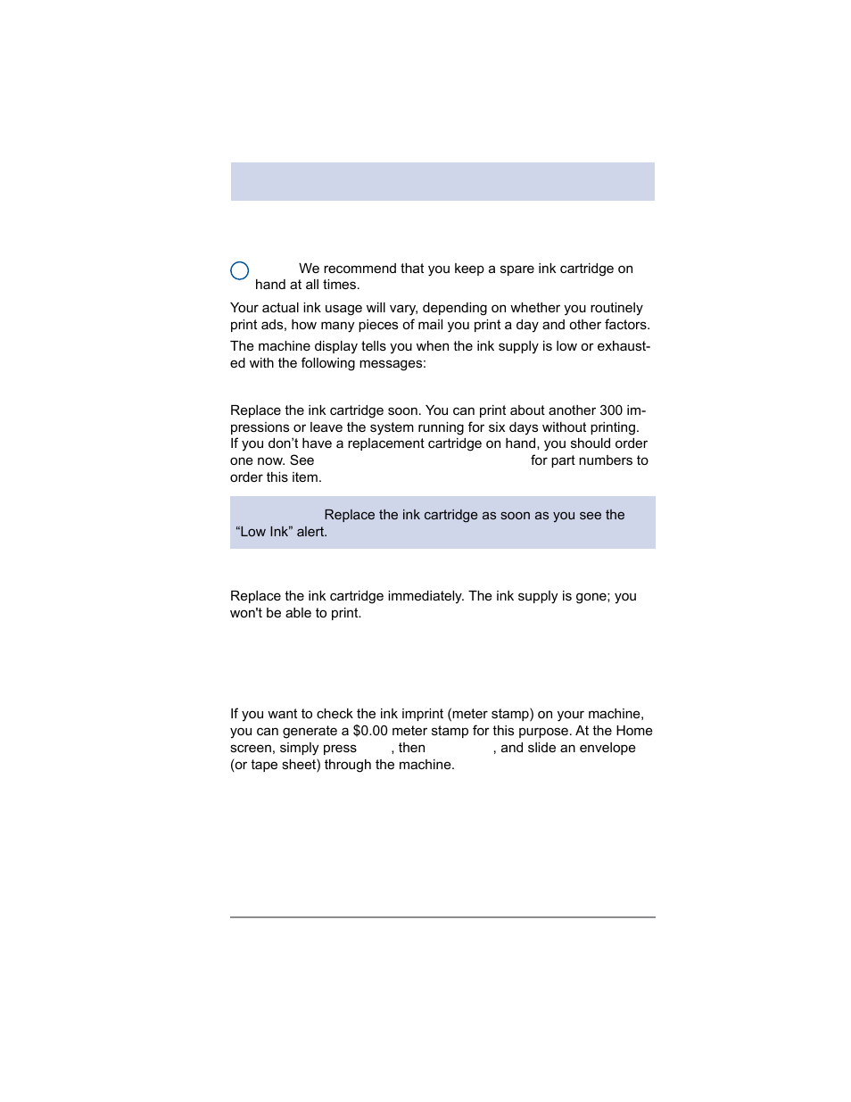 10 • maintenance, Messages indicating ink cartridge replacement, Printing a $0.00 meter stamp | Pitney Bowes SV62214 User Manual | Page 120 / 160