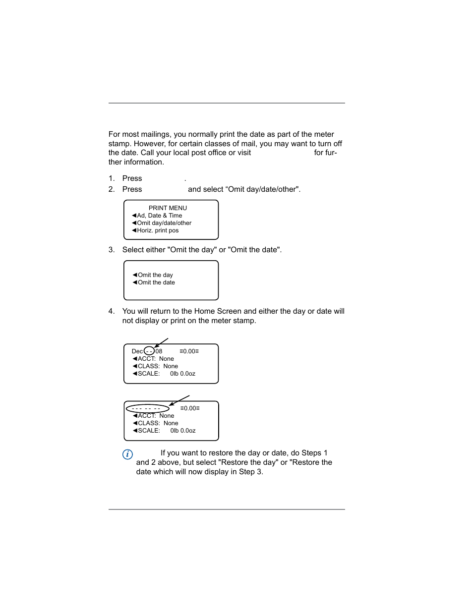 Omitting/restoring day or date on the meter stamp, 4 • printing options | Pitney Bowes SV62214 User Manual | Page 45 / 160