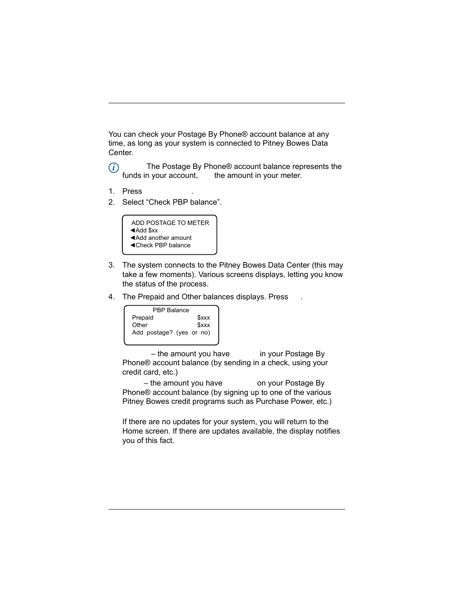 Checking your postage by phone® account balance, 6 • adding postage/connecting to data center | Pitney Bowes SV62214 User Manual | Page 67 / 160