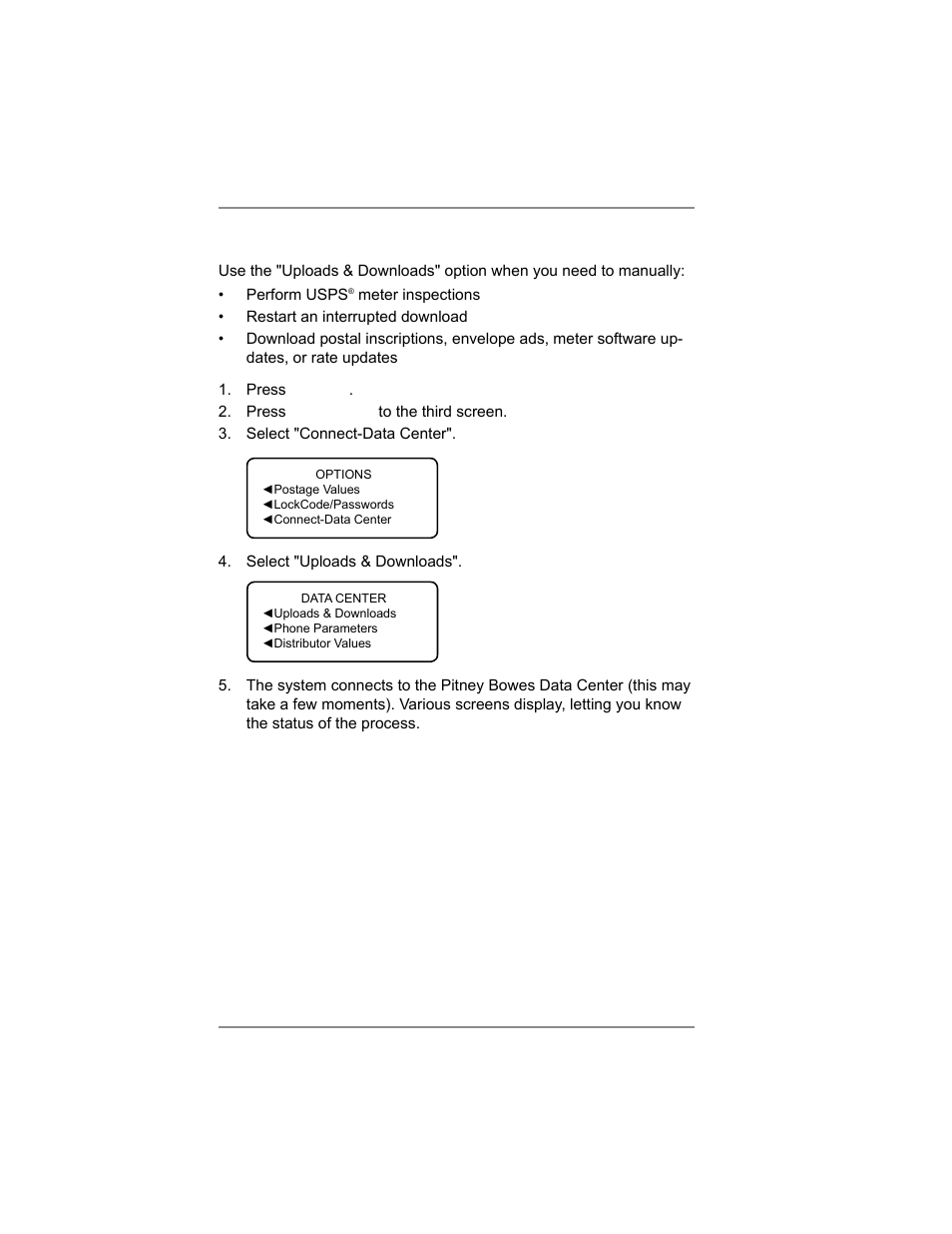 Downloading files or updating system, 6 • adding postage/connecting to data center | Pitney Bowes SV62214 User Manual | Page 71 / 160