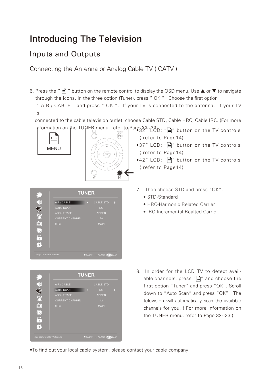 Introducing the television, Inputs and outputs, Connecting the antenna or analog cable tv ( catv ) | Menu, Tuner | Proton CS-32 User Manual | Page 19 / 63