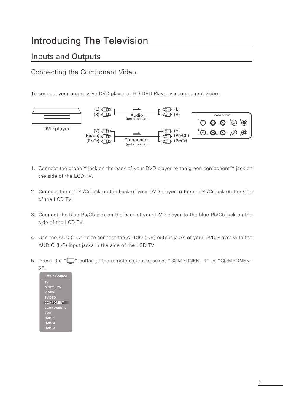 Introducing the television, Inputs and outputs, Connecting the component video | Proton CS-32 User Manual | Page 22 / 63