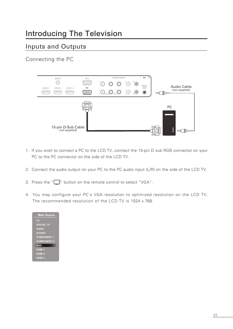 Introducing the television, Inputs and outputs, Connecting the pc | Proton CS-32 User Manual | Page 24 / 63
