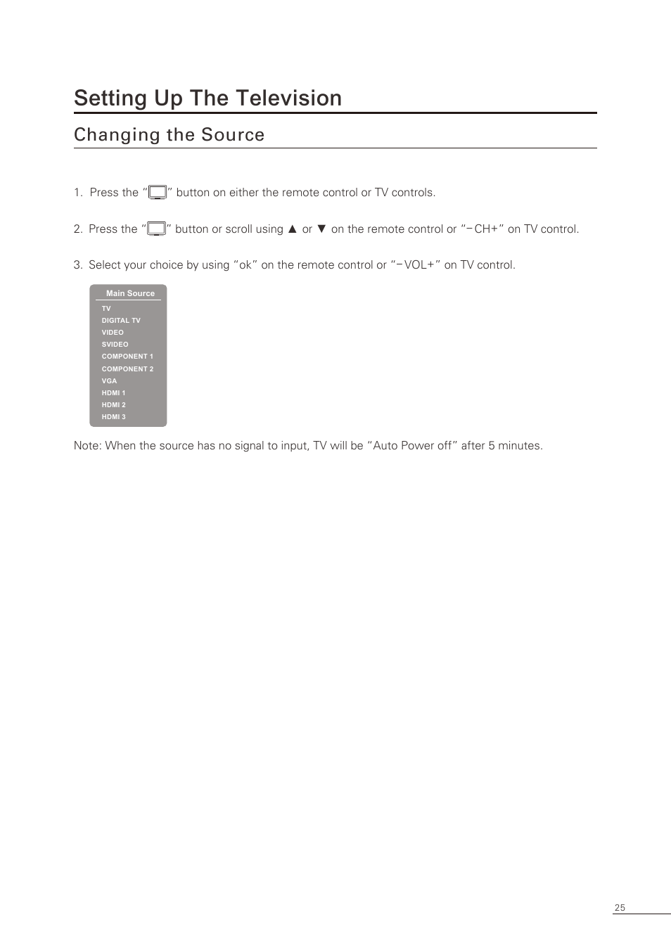 Setting up the television, Changing the source | Proton CS-32 User Manual | Page 26 / 63