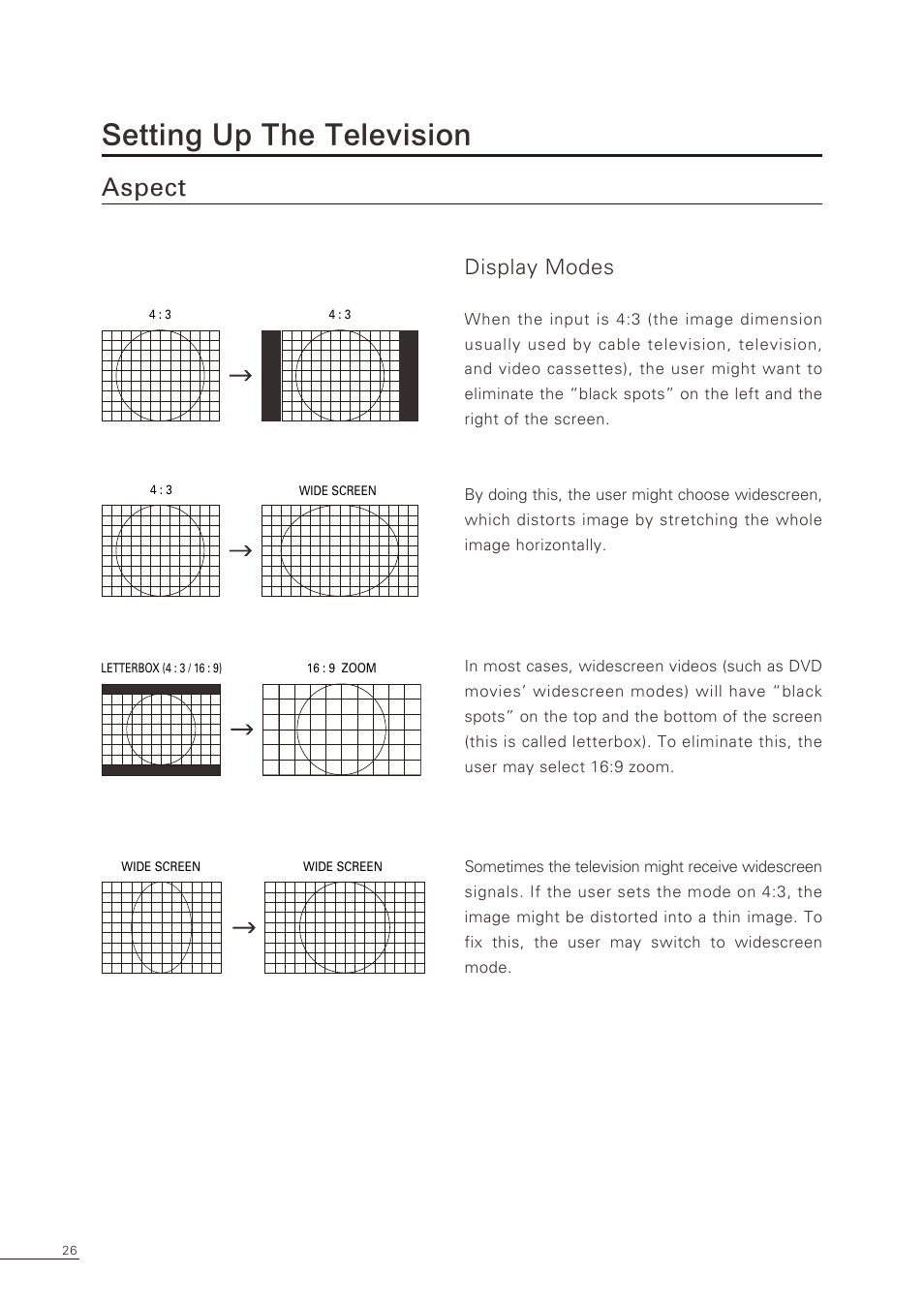 Setting up the television, Aspect, Display modes | Proton CS-32 User Manual | Page 27 / 63
