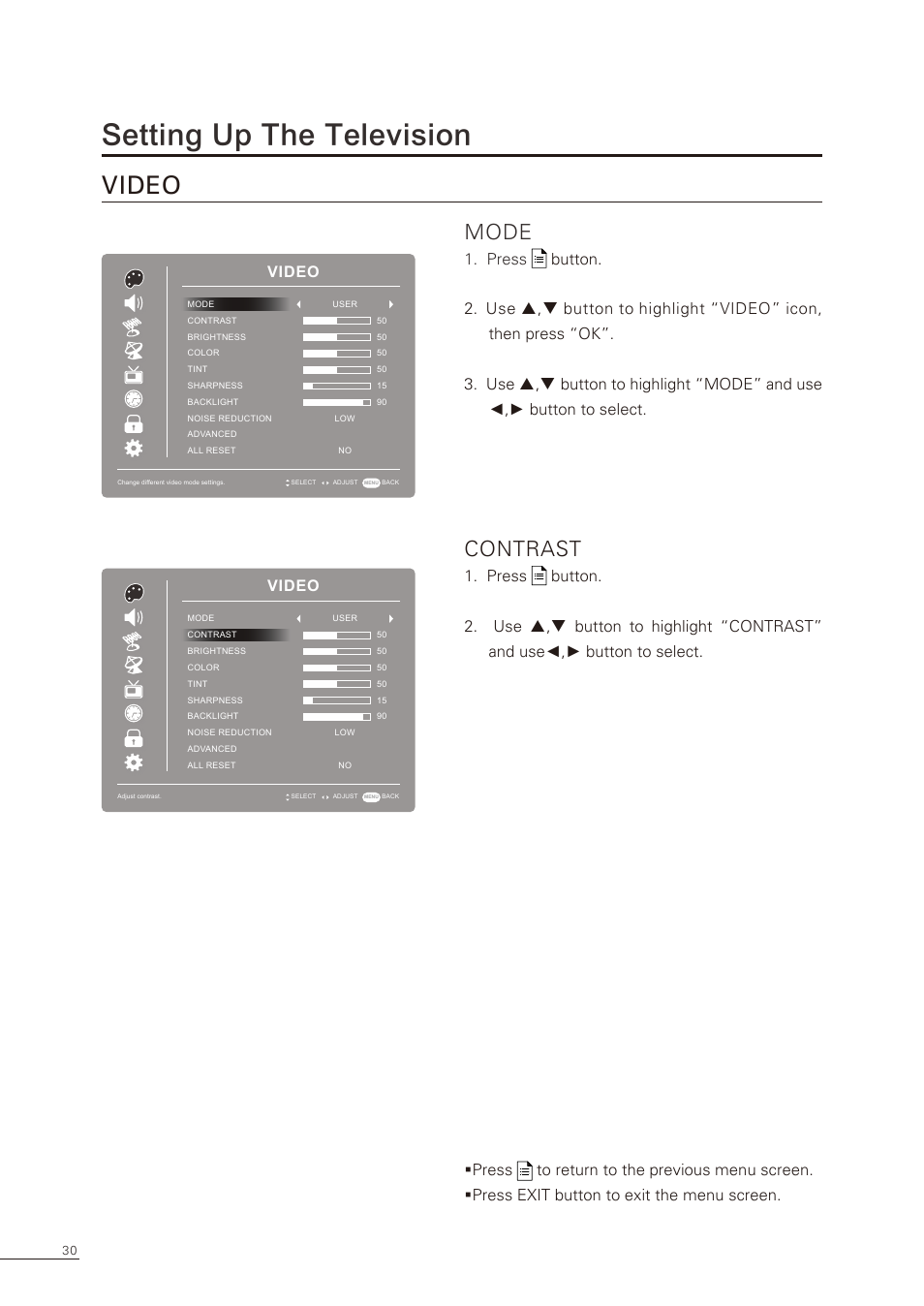 Setting up the television, Mode, Contrast | Video | Proton CS-32 User Manual | Page 31 / 63