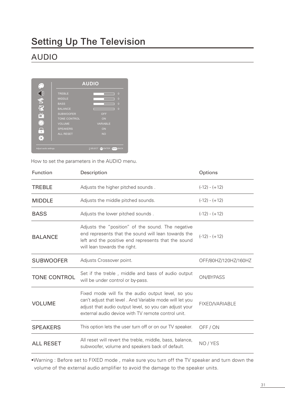 Setting up the television, Audio | Proton CS-32 User Manual | Page 32 / 63