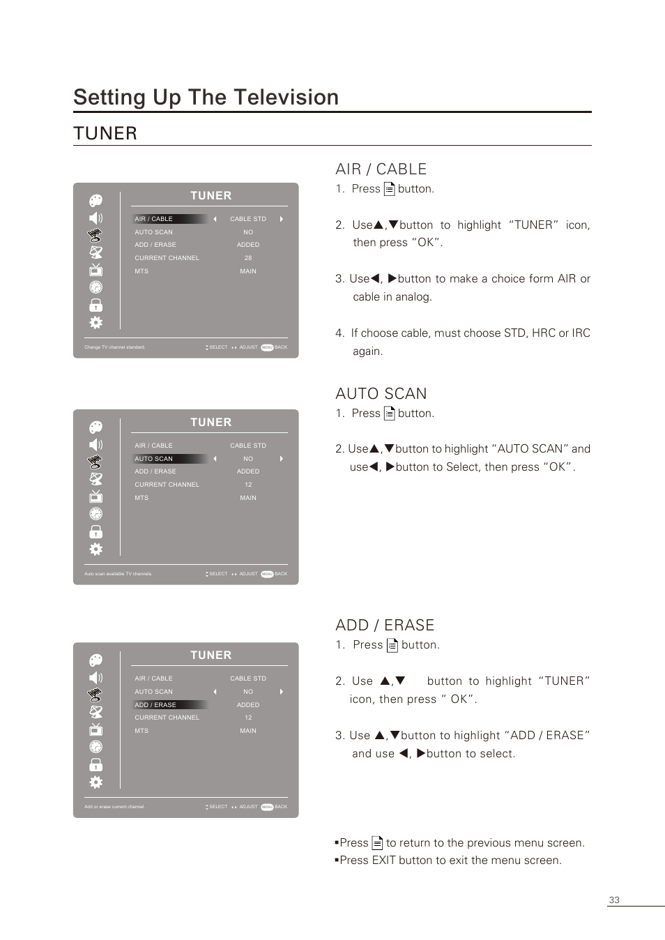 Setting up the television, Air / cable, Auto scan | Add / erase, Tuner | Proton CS-32 User Manual | Page 34 / 63