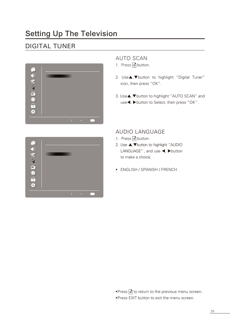 Setting up the television, Digital tuner, Auto scan | Audio language | Proton CS-32 User Manual | Page 36 / 63