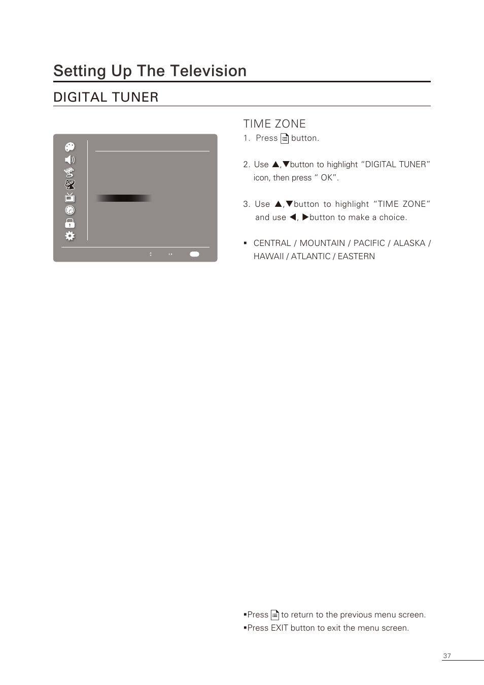 Setting up the television, Digital tuner, Time zone | Proton CS-32 User Manual | Page 38 / 63