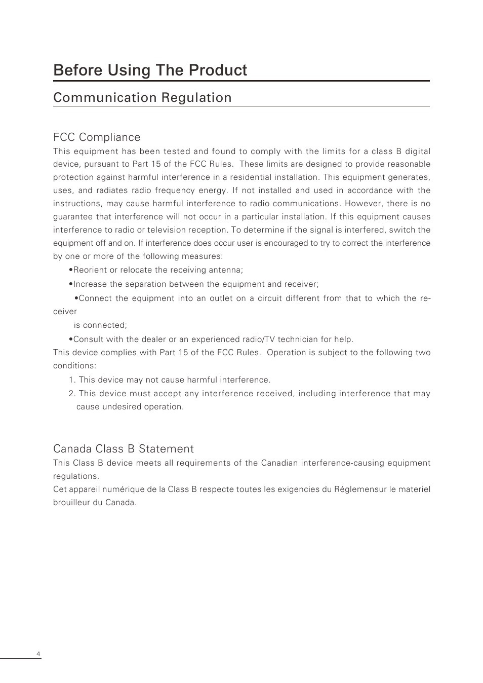 Before using the product, Communication regulation, Fcc compliance | Canada class b statement | Proton CS-32 User Manual | Page 5 / 63