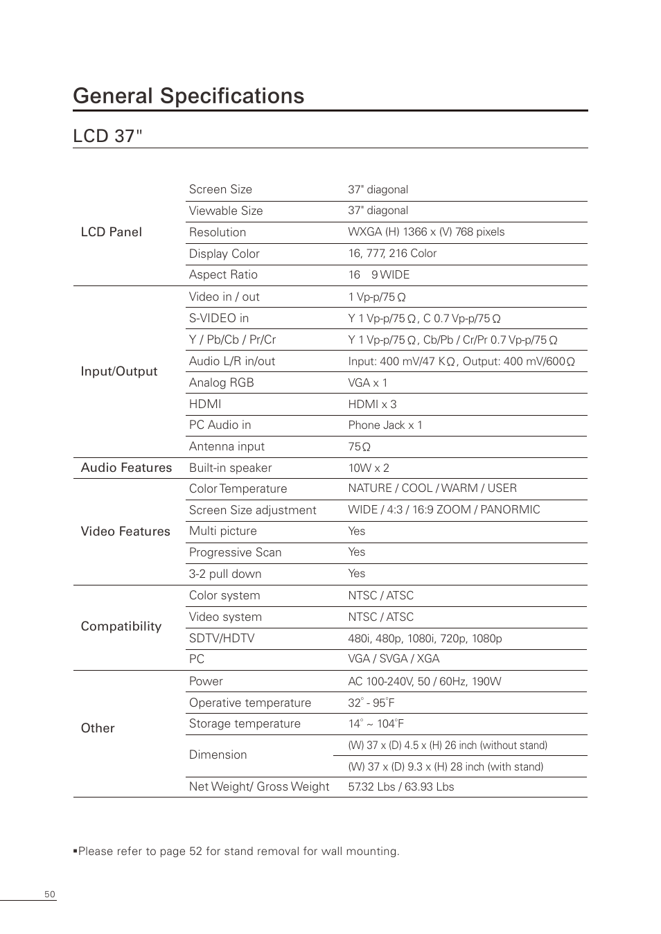 General specifications, Lcd 37 | Proton CS-32 User Manual | Page 51 / 63