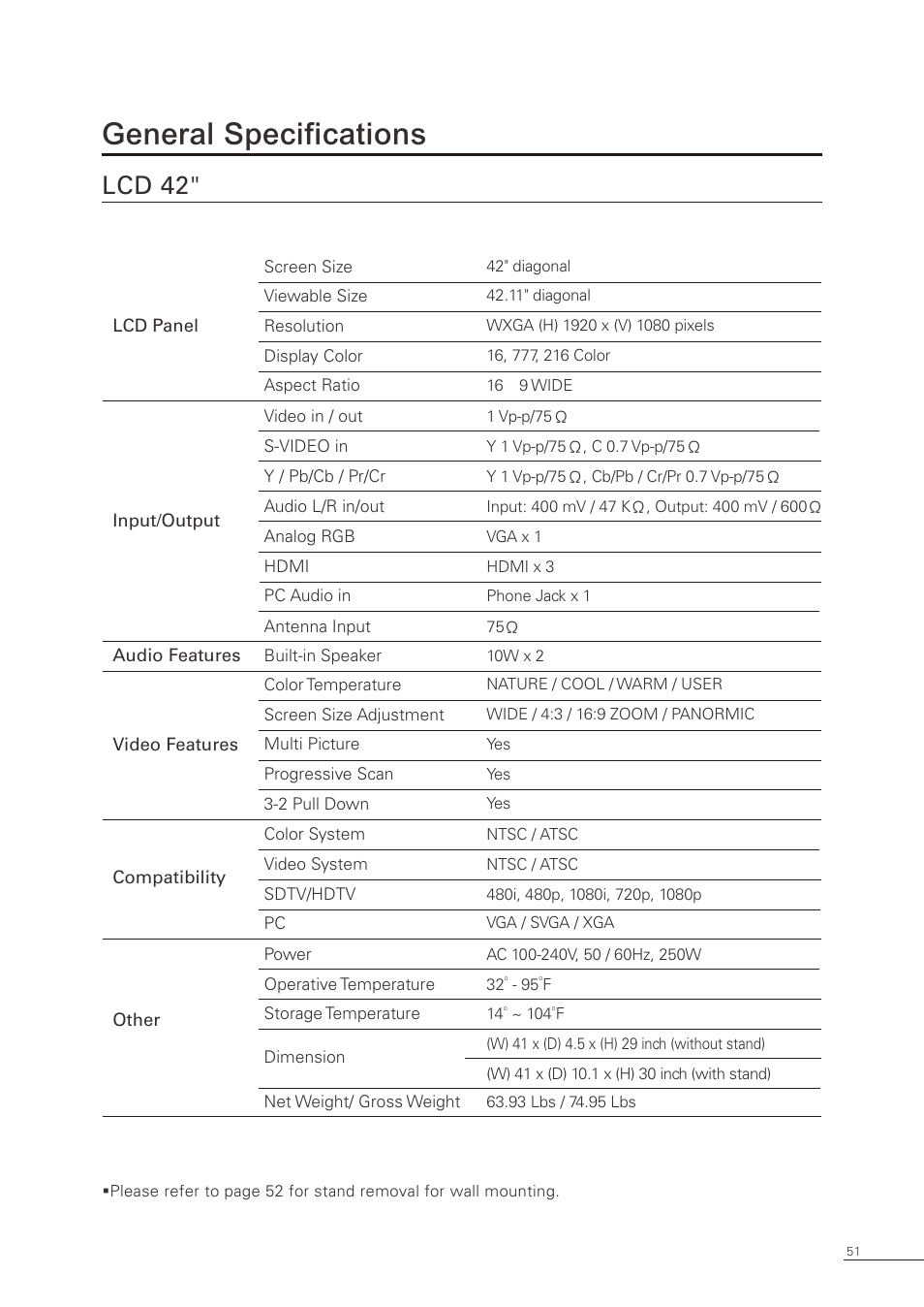 General specifications, Lcd 42 | Proton CS-32 User Manual | Page 52 / 63