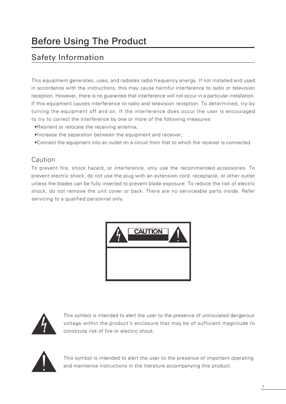 Before using the product, Safety information, Caution | Proton CS-32 User Manual | Page 8 / 63