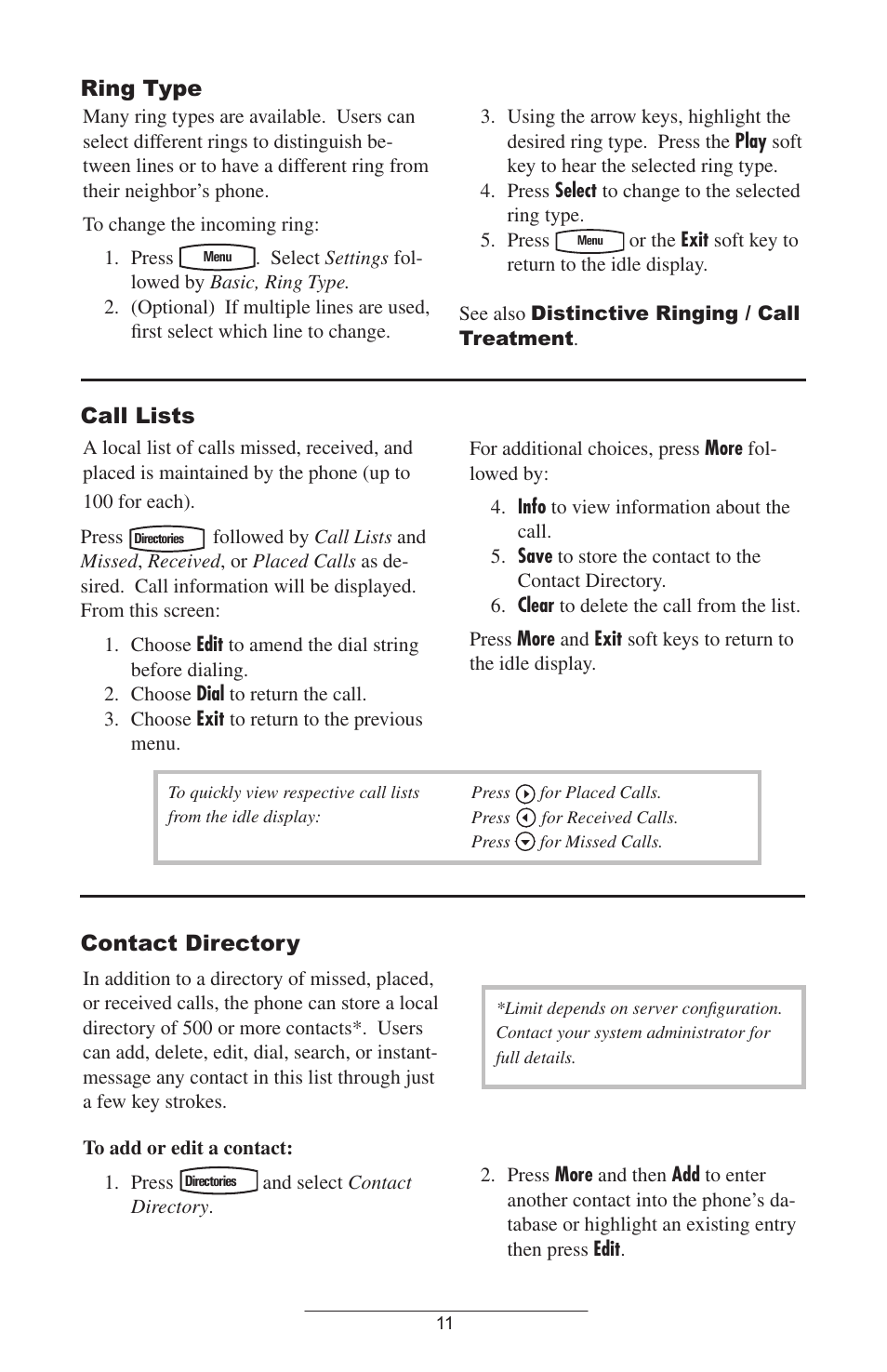 Ring type, Call lists, Contact directory | Polycom SOUNDPOINT IP 600 SIP 1.6.X User Manual | Page 14 / 29