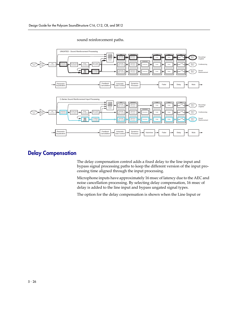 Delay compensation, Delay compensation –26, Sound reinforcement paths | Polycom C16 User Manual | Page 106 / 492