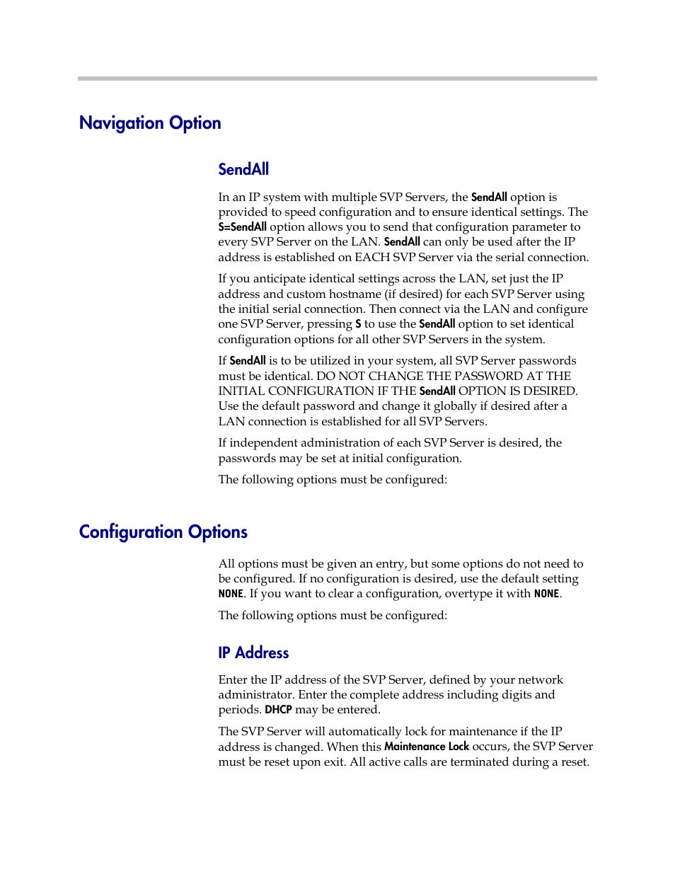 Navigation option, Configuration options, Sendall | Ip address | Polycom SpectraLink 1725-36033-001 User Manual | Page 26 / 47