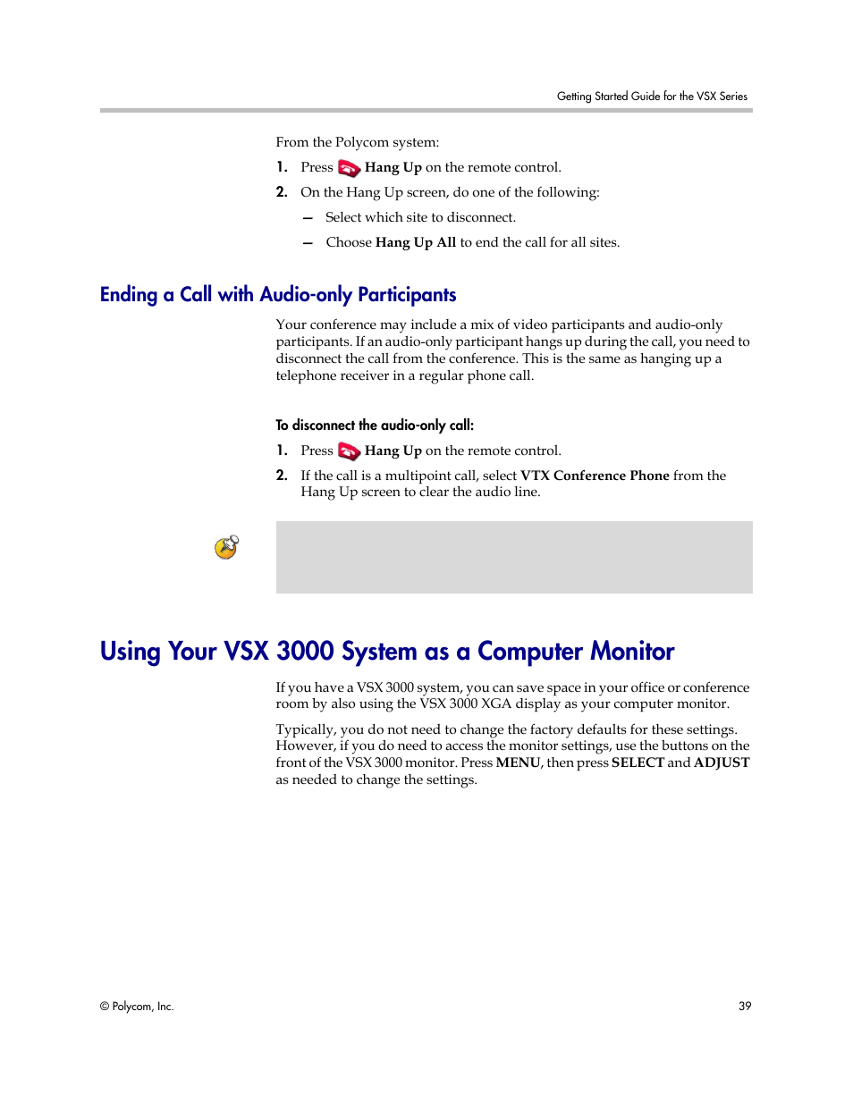 Ending a call with audio-only participants, Using your vsx 3000 system as a computer monitor | Polycom 9.0.6 User Manual | Page 43 / 46