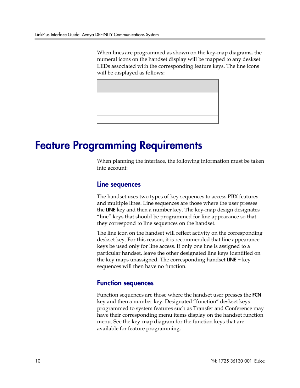 Feature programming requirements, Line sequences, Function sequences | Polycom AVAYA DEFINITY LINKPLUS SPECTRALINK 6000 User Manual | Page 10 / 21