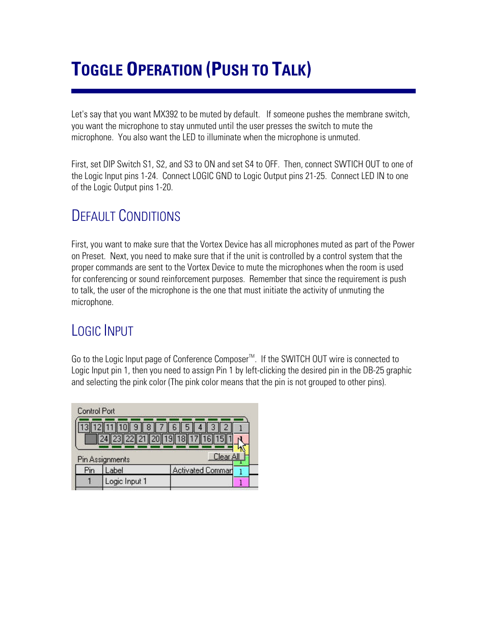 Toggle operation (push to talk), Default conditions, Logic input | Oggle, Peration, Ush to | Polycom MX392 User Manual | Page 8 / 44