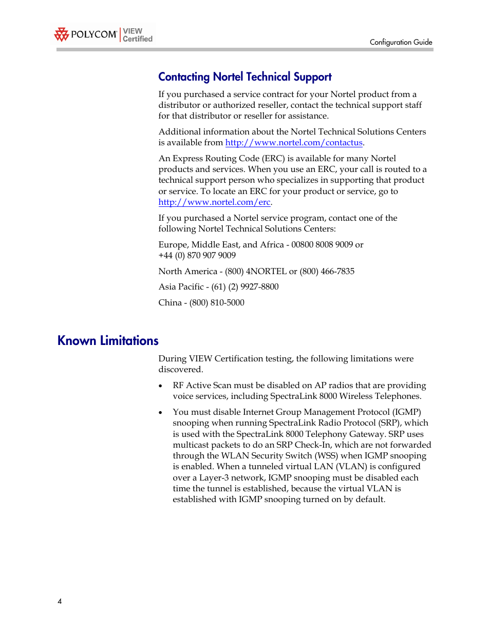 Contacting nortel technical support, Known limitations | Polycom 2300 User Manual | Page 4 / 39