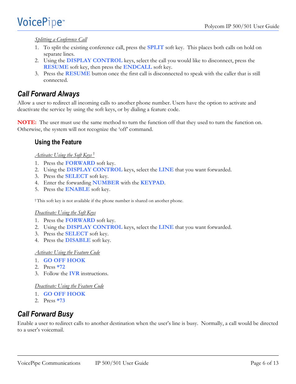 Call forward always, Call forward busy | Polycom SoundPoint IP 500 User Manual | Page 6 / 13