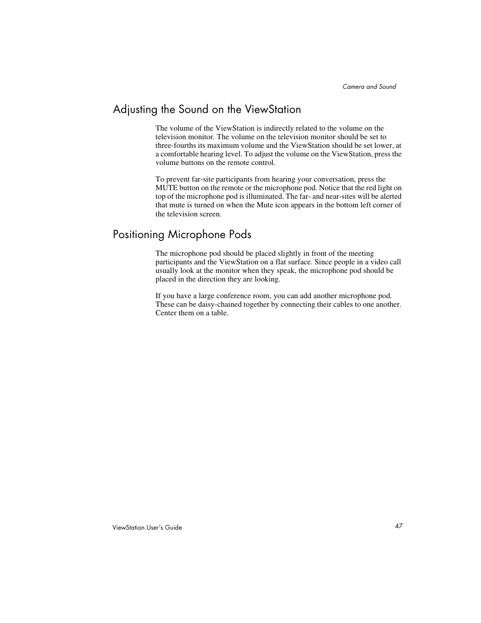 Adjusting the sound on the viewstation, Positioning microphone pods | Polycom Viewstation MP User Manual | Page 47 / 140