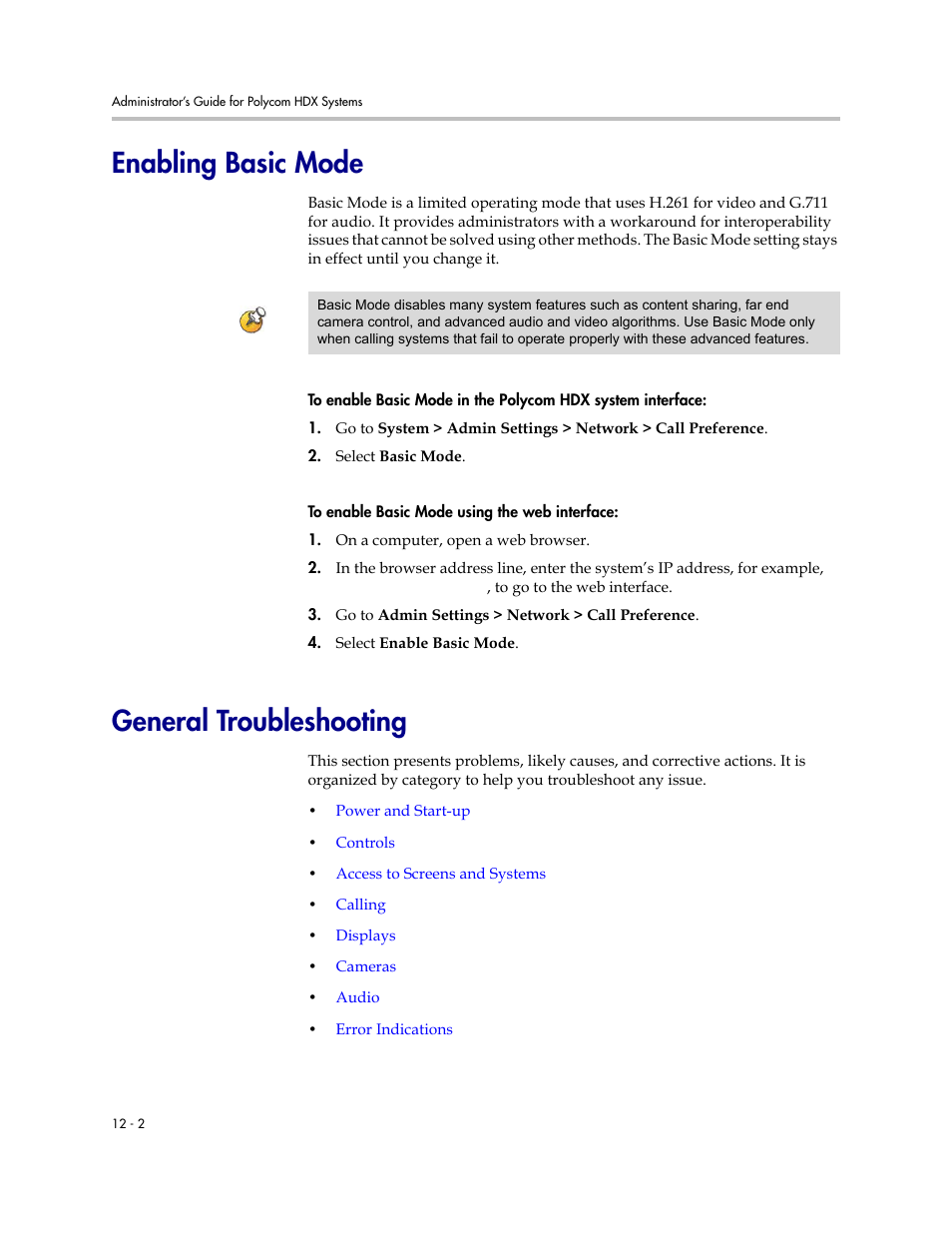 Enabling basic mode, General troubleshooting, Enabling basic mode -2 general troubleshooting -2 | Polycom 1 User Manual | Page 132 / 194