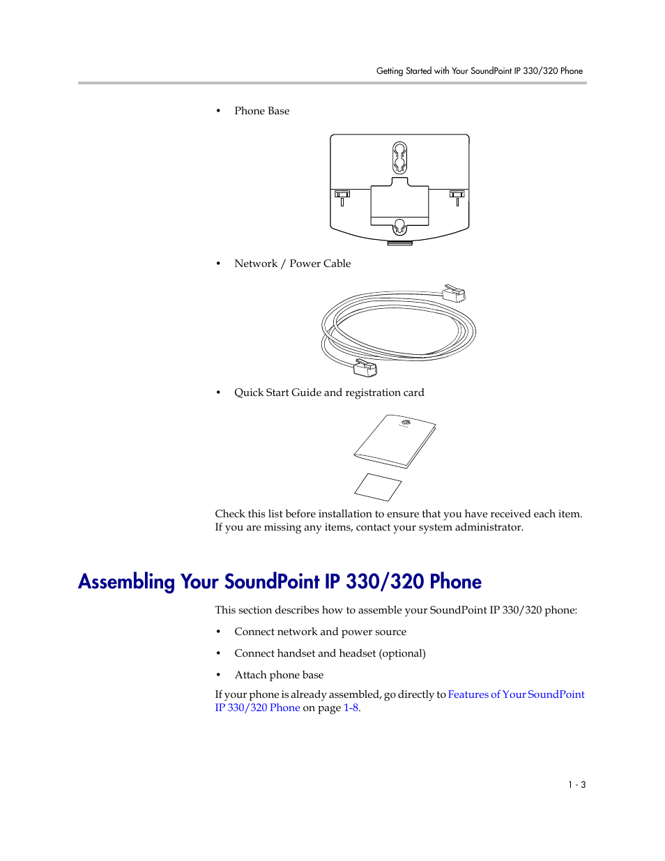 Assembling your soundpoint ip 330/320 phone, Assembling your soundpoint ip 330/320 phone –3 | Polycom IP 320 User Manual | Page 11 / 78