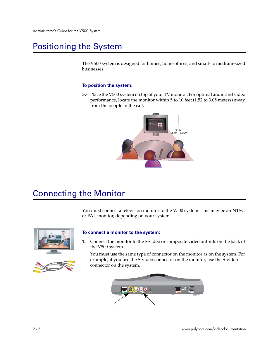Positioning the system, Connecting the monitor | Polycom Audio and Video User Manual | Page 16 / 136
