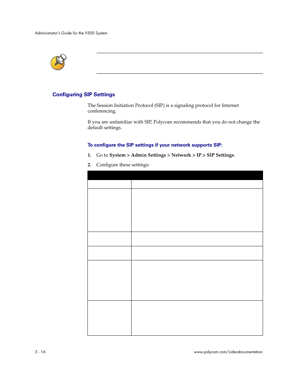Configuring sip settings, Configuring sip settings - 16 | Polycom Audio and Video User Manual | Page 36 / 136