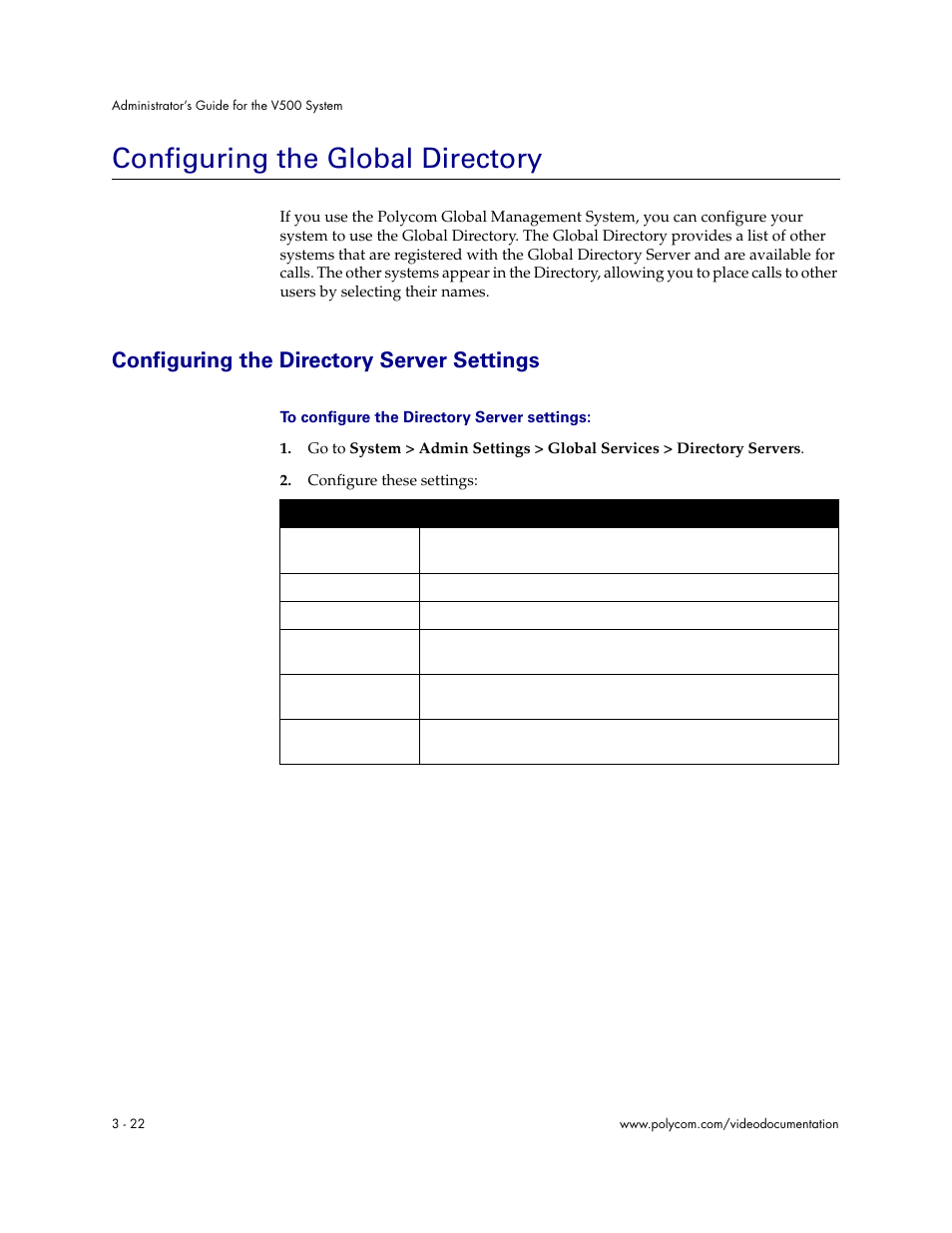 Configuring the global directory, Configuring the directory server settings, Configuring the global directory - 22 | Configuring the directory server settings - 22 | Polycom Audio and Video User Manual | Page 42 / 136